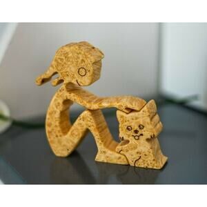 Handmade Carved Maple Burl Wood Cat and Owner Figurine Unique Home Decor